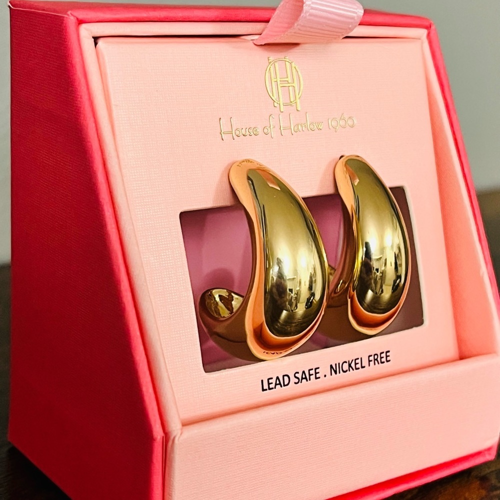 House of Harlow 1960 Gold Chunky Semi Hoop Earrings Large Statement NWT - Picture 2 of 3